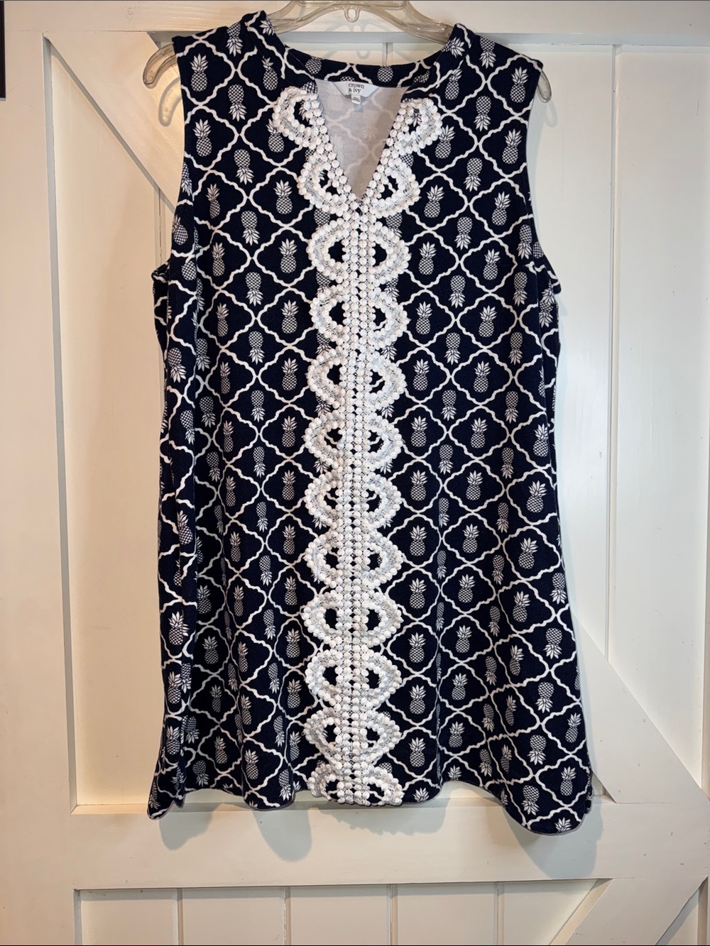 crown & ivy Navy and White Sleeveless Midi Dress with Lace Trim